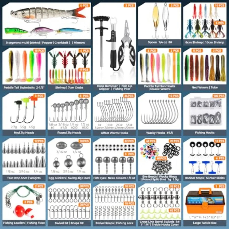 Large 4-Layer Tackle Box with Tackle Included 547Pcs Fishing Lures Kit - Pliers Crankbait Hooks Weights and Accessories - Fresh