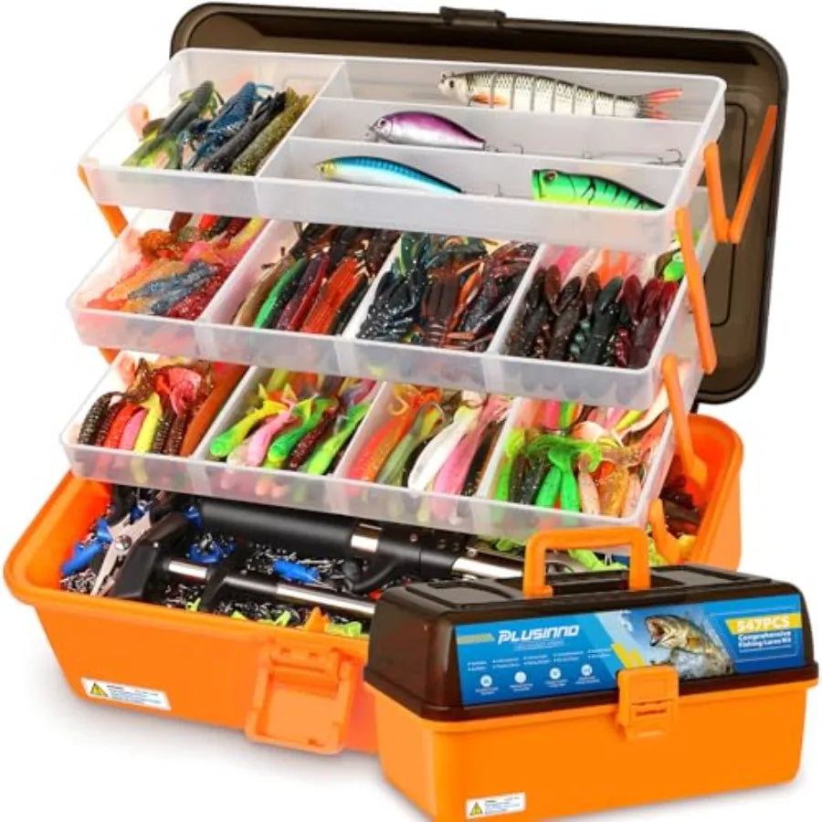 Large 4-Layer Tackle Box with Tackle Included 547Pcs Fishing Lures Kit - Pliers Crankbait Hooks Weights and Accessories - Fresh