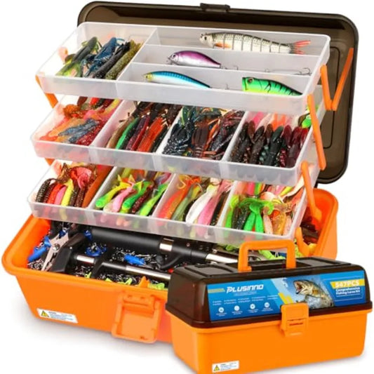 Large 4-Layer Tackle Box with Tackle Included 547Pcs Fishing Lures Kit - Pliers Crankbait Hooks Weights and Accessories - Fresh