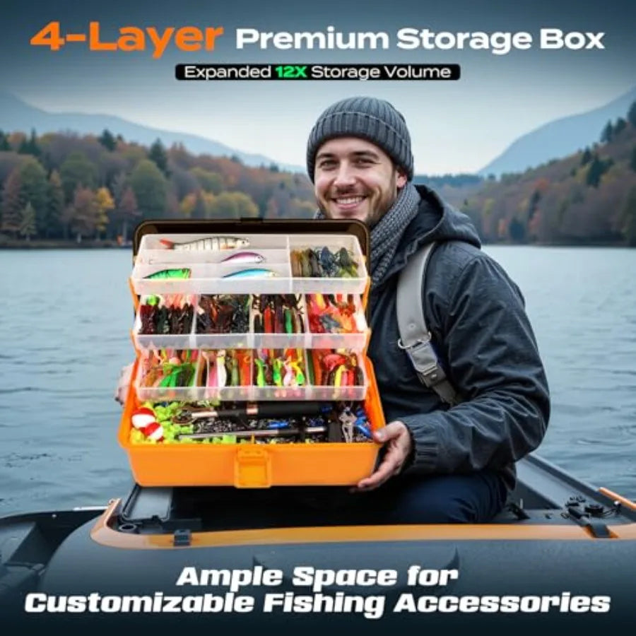Large 4-Layer Tackle Box with Tackle Included 547Pcs Fishing Lures Kit - Pliers Crankbait Hooks Weights and Accessories - Fresh