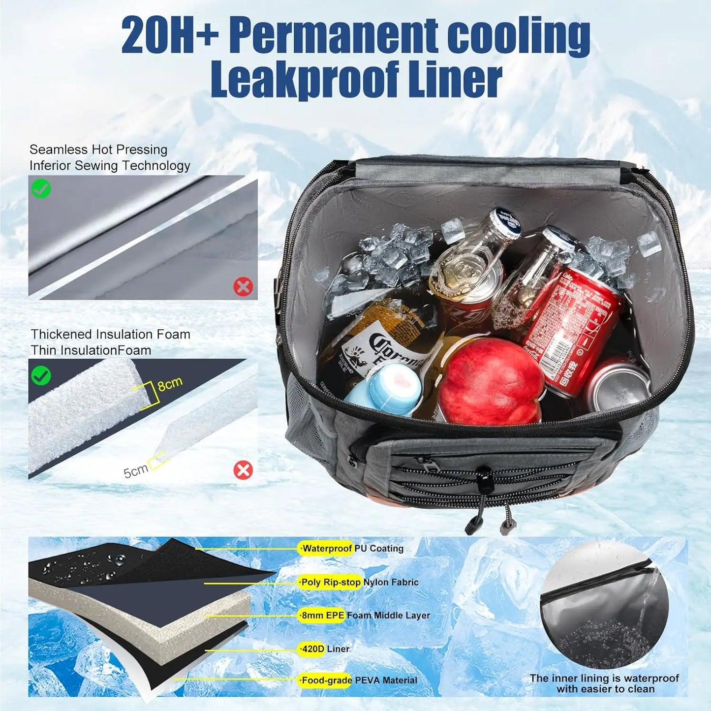Insulated Backpack Cooler Leak Proof, Soft Sided Waterproof Beach Cooler Bag for Camping Hiking Picnic Fishing Travel