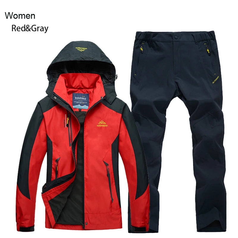 Outdoor Trekking Hiking Jacket and Pants Women Autumn Thermal Waterproof Windproof Hooded Jackets Trip Mountain Camping Sets