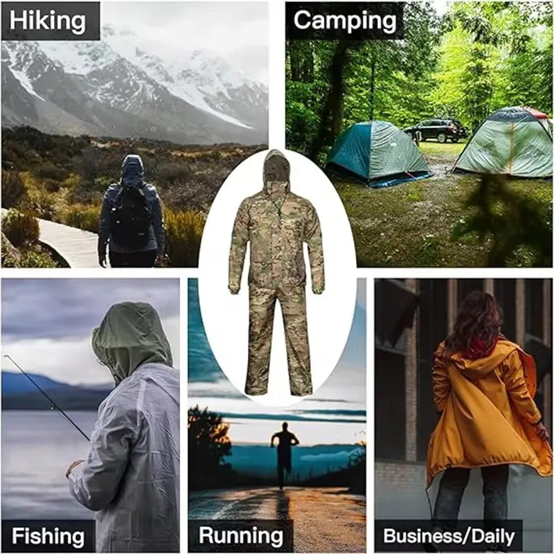 Adults Rain Coat Set Suit Unisex Men Women Camp Raincoat Set Hiking Hunting Fishing Outdoor Rain wear Poncho Rain Gears Cover